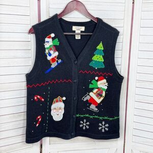 Bechamel Vintage Santa Ugly Christmas Sweater Vest V Neck Button Black Medium